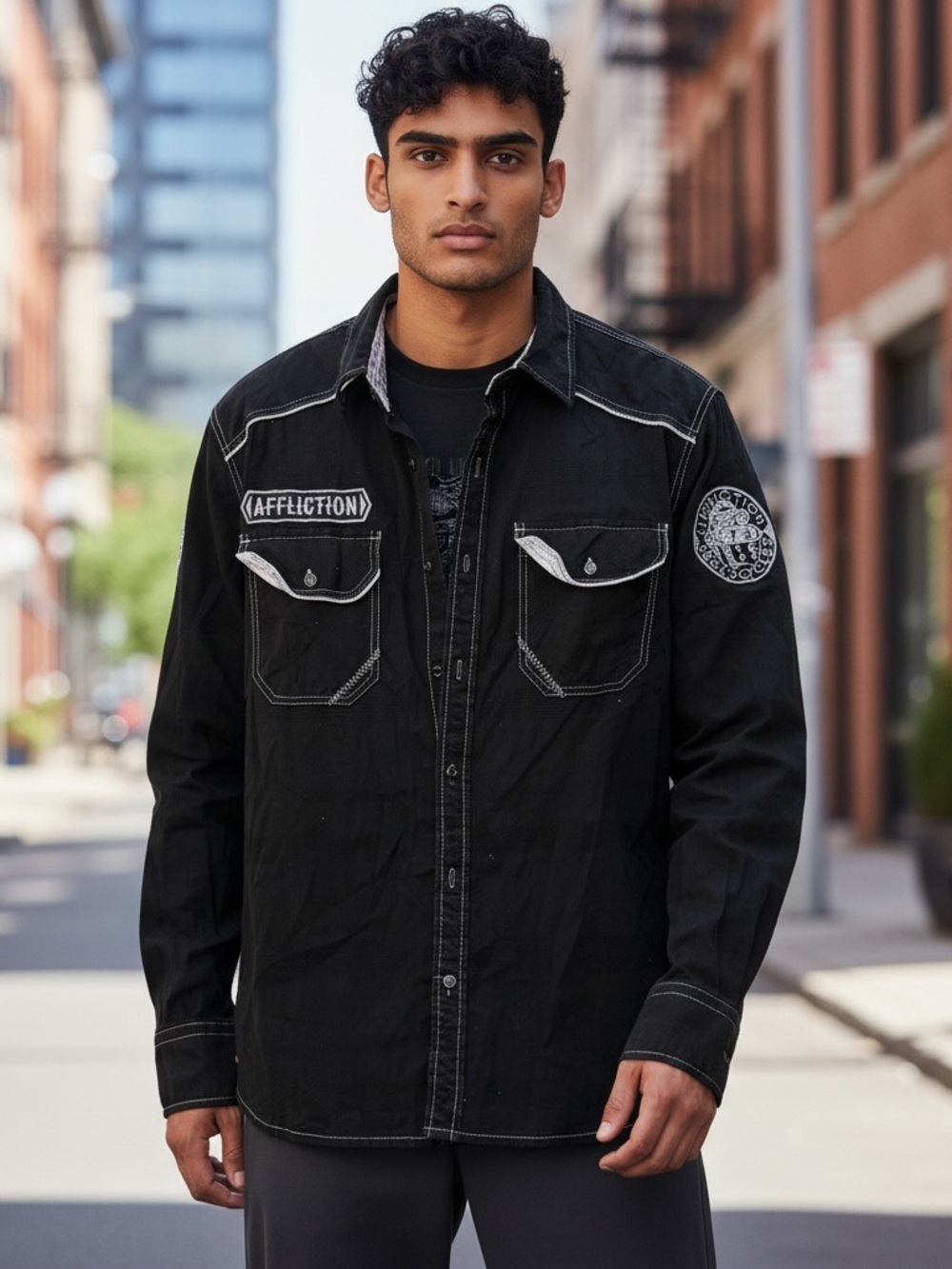 Affliction Black Long-Sleeve Patch Shirt Jacket with Contrast Stitching